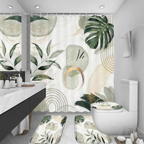 LQCOOL 4Pcs Green Shower Curtain Set, Modern Boho Bathroom Sets, Modern Luxury Bathroom Sets with Shower Curtain and Rugs, Shower Curtain with 12 Hooks - color: Green Leaf
