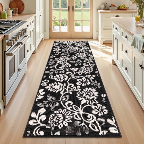 LOKHOM Boho Kitchen Rugs-24"x71" Non Slip Stain Resistant Kitchen Mats for Floor, Paisley Floral Runner Carpet for Hallways Entryway Laundry Washable (Black & White) - color: Black, size: 2' x 5'11" (Rectangular)
