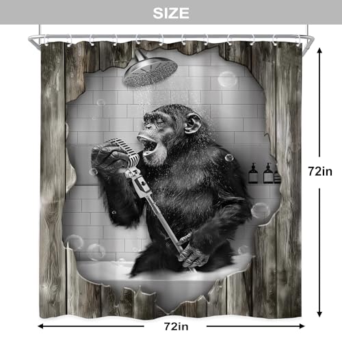 Newsely Funny Monkey Shower Curtain 72Wx72L Inch Black White Animal Chimpanzee Singing in Bathtub Modern Cool Wooden Bathroom Set Men Kids Boy Waterproof Bath Decoration Accessories Home Decor - color: H-monkey, size: 72"W x 72"L (Pack of 1)
