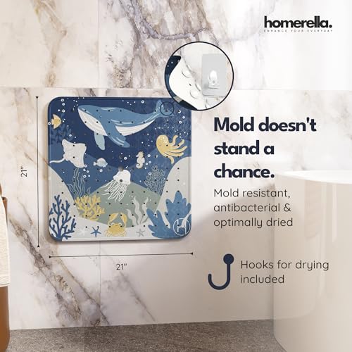 homerella® Shower Mat Non Slip Anti Mold, Non Slip Shower Mats for Inside Shower Stall Anti Slip Mat, Square Shower Floor Mat 21 x 21 in with Suction Cups & Hooks for Quick Drying, Machine Washable - color: Deep Blue Sea