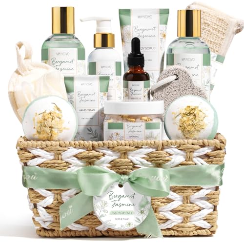 Birthday Gifts for Women, Bergamot Jasmine Relaxing Spa Gift Baskets for Women Self Care Package Bath Gift Set, Home Bath and Body Kit Pampering Christmas Gifts for Womens Her Mom Friend Sister Wife - color: Sage Green-Bergamot Jasmine