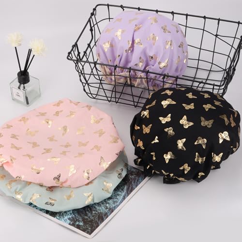 4 Pcs Shower Caps Hat for Women and Girl, Reusable Waterproof Bath Cap Double Waterproof Layers Butterfly - color: 4 Pack - Butterfly