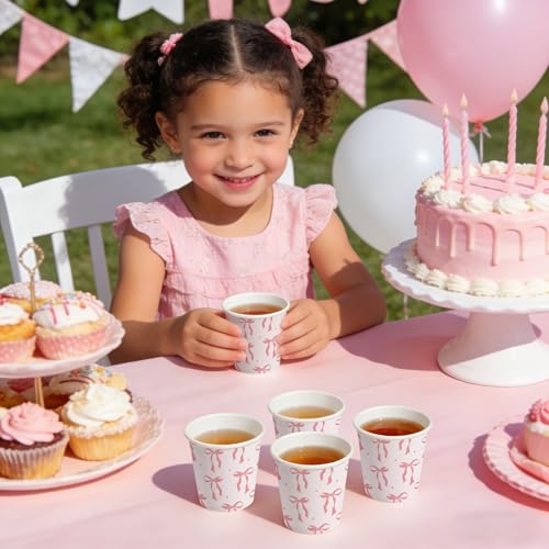 WRAPAHOLIC 3oz Paper Cups - 100 Pack Disposable Bathroom Cups with Pink Bow Design, Small Mouthwash Cup for Toothbrush Rinse, Home Bathroom, Picnic, BBQ, Travel and Party - color: Pink Bow