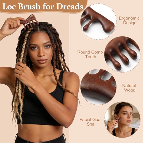ProSuites 3 Pack Wooden Scalp Massager Tool, Long Handle Head Massage Scalp Loc Brush for Dreads, Multifunctional Hair Massager Tool for Men & Women - color: Red Wood