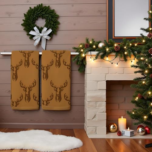 2 Pack Christmas Reindeer Hand Towels 100% Cotton Jacquard Holiday Kitchen Dish Towels Retro Neutral Brown Bathroom Towels Set Gift Seasonal Xmas Winter Bathroom Decor(Brown Reindeer) - color: Brown Reindeer