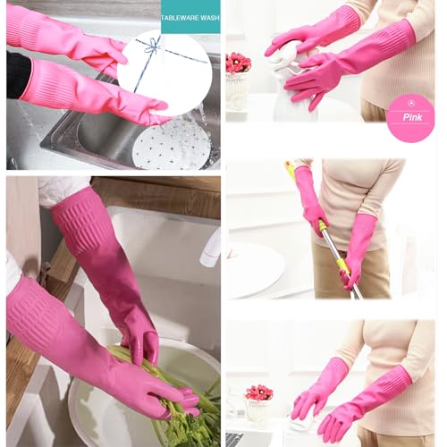 Bamllum 3 Pairs of Rubber Dishwashing Gloves for Kitchen and Household Cleaning – Long Cuff 15", Reusable, Flexible Long-lasting and Non-Slip (Red+Yellow+Green, Medium) - size: M(Best for Small Hands)