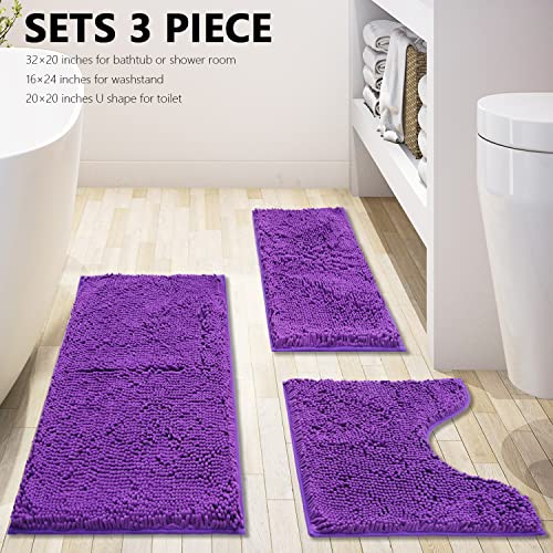 Bathroom Rugs Chenille 3-Piece Extra Soft and Absorbent Shag Bathroom Rugs, Machine Wash Mat, Strong PVC Non-Slip Underside, Plush Carpet Mats (Violet) - color: Violet, size: 2'8" x 1'8" (16x24"+20x32"+20x20"U shape）