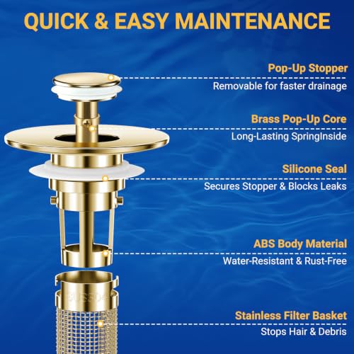 Bathroom Sink Drain Strainer, Pop-Up Bathroom Sink Stopper with Removable Stainless Steel Hair Catcher Basket, Universal Fit for US Bathroom Sinks, Showers & Floor Drains (1pcs-Gold) - color: 1pcs-gold