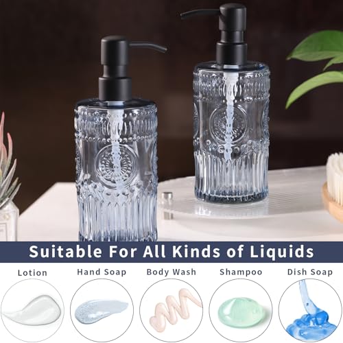 17 OZ Sunflower Embossed Glass Soap Dispenser - 2 Pack, with 304 Rust Proof Stainless Steel Pump, Glass Soap and Lotion Dispenser Set, Liquid Hand Soap Dispenser for Home, Kitchen & Bathroom (Blue) - color: Bule