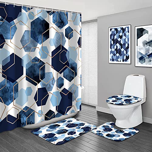 LQCOOL 4Pcs Blue Bathroom Set Geometric Shower Curtain Set Modern Art Shower Curtain for Bathroom with 12 Hooks, Bathroom Carpet Bath Mat and Toilet Rugs - color: Blue Hexagon