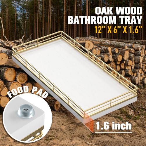 Bathroom Vanity Tray for Countertop, 12" x 6" Oak Wood Toilet Tank Tray | Metal Guardrail, Bathroom Organizer for Soap, Perfume & Skincare, Non-Slip Decorative Tray for Dresser, Gold & White - color: Gold & White, size: 12" x 6" x 1.5"