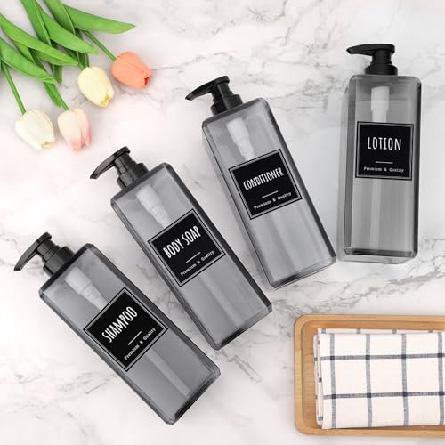 Segbeauty 33.8oz Shampoo and Conditioner Dispenser with Labels, 4pcs Refillable Plastic Empty Body Lotion Soap Dispenser Hand Liquid Container for Bathroom, 1000ml Gray Large Pump Bottle for Kitchen - color: Gray, style: 4pcs