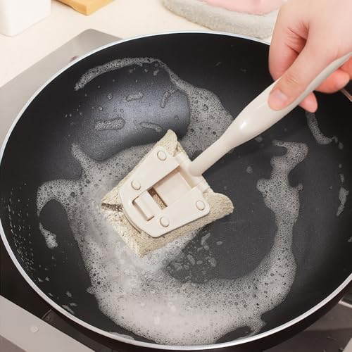 Natural Loofah Sponge with Handle, 5-Piece Replaceable Eco Sponges for Cleaning, Non-Scratch Scrubber for Dishwashing Cookware Pans, Kitchen Eco-Friendly Tools (10)