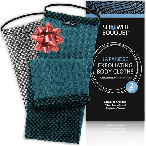 Japanese Exfoliating Washcloth for Back & Body 2-Pack - Charcoal & Silver Ion Exfoliating Towel with Handles - Two-Sided Gentle Exfoliation & Deep Cleanse Body Wash Cloths for Shower - 1 White 1 Green - color: Charcoal Green + Charcoal White, size: 1 Coun