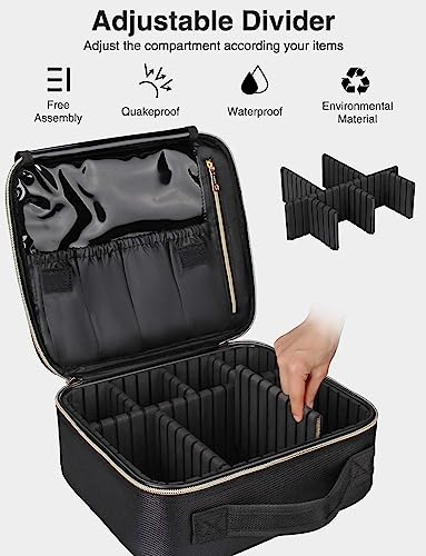 Relavel Travel Makeup Train Case Makeup Cosmetic Case Organizer Portable Artist Storage Bag with Adjustable Dividers for Cosmetics Makeup Brushes Toiletry, Black with Gold Zipper - color: black with golden zipper, size: Small