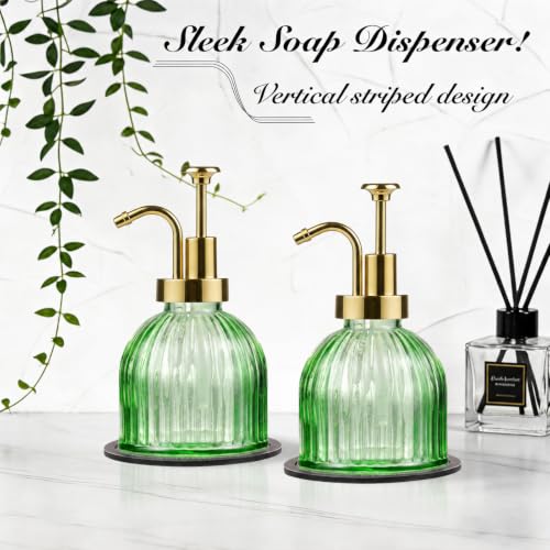 SheeChung 8 Oz Glass Soap Dispenser Bathroom, Green Liquid Hand Soap Dispenser with Pump, Refillable Dish Soap Dispenser for Kitchen, Cute Modern Stripes Lotion Bottle, Shampoo (Gold Pump, 2 Pack) - color: Green-gold Pump, 2 Pack