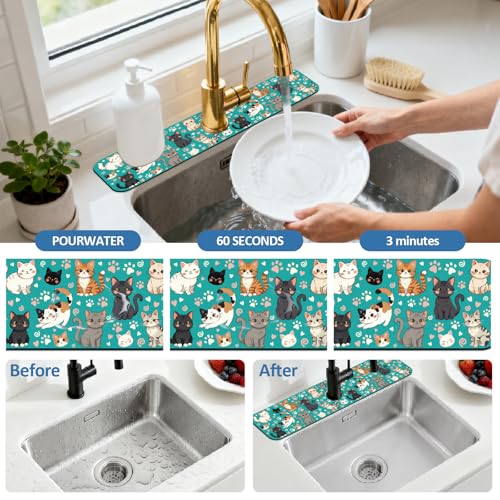 2 Pcs Kitchen Sink Splash Guard Faucet Mat Various Cats Pattern Faucet Mat for Sinks Paw Prints Absorbing Drying Mats for Kitchen Bathroom, 23.6x5.5inch - color: Various Cats