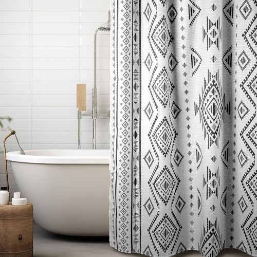 HunnmingRe Western Shower Curtain Waffle Southwest Aztec Geometric Stripes Fabric Shower Curtain Set with Hooks for Bathroom 72 x 72 Inches Farmhouse Boho Bath Curtains(Black) - color: Black