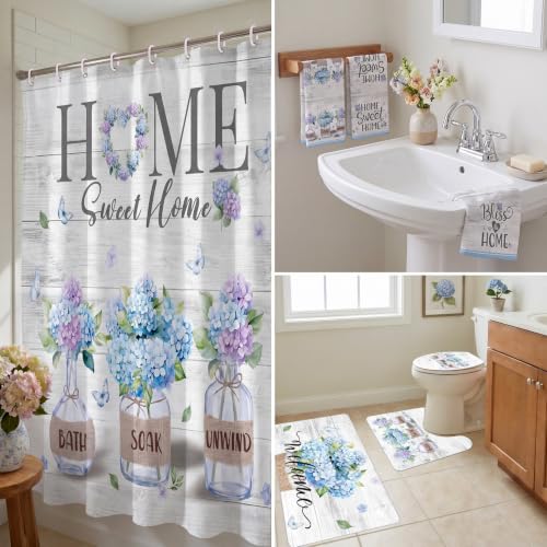 Haull 7 Pcs Blue Hydrangea Shower Curtain Sets Home Sweet Home Bathroom Set with Shower Curtain and Non Slip Rugs Toilet Lid Cover Bath Mat Floral Towels for Farmhouse Country Summer Bathroom Decor - style: Blue Hydrangea