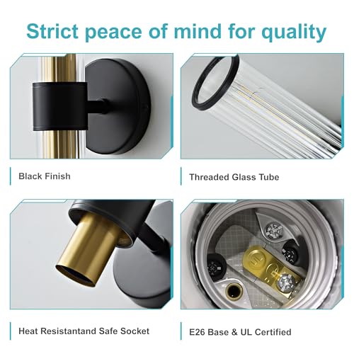 Bathroom Light Fixtures 2 Pack Hardwired, Black Gold Wall Sconce Threaded Glass Vanity Light Featuring Two E26 sockets, Bathroom Wall Light Dimmable - Bulb Not Included, UL Certification - color: Black Gold Threaded Glass-2Pack
