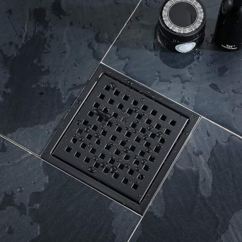 6 Inch Square Shower Floor Drain, Stainless Steel Black Shower Drain Kit with Flange, Floor Drain with Removable Grid Cover,Matte Black - color: Matte Black, size: 6 inch-Grid