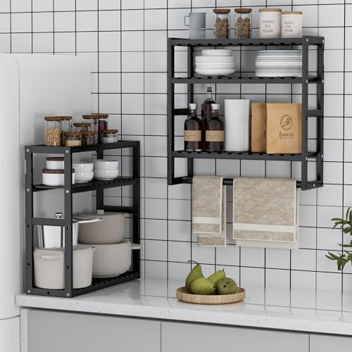 PPN Towel Rack Bathroom Storage Shelves Over The Toilet with Towel Bar 100% Bamboo Adjustable Height Floating Shelf Wall Shower Shelf for Small Space Bathroom Kitchen Multi Usage (Black-2Pack) - color: Black 2pack