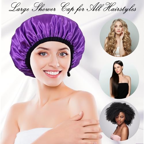 Shower Cap for Women, Large Shower Caps Reusable Waterproof with Elastic Band, Silky Satin Double-layer Bath Cap for Braids Long Hair - color: Set E