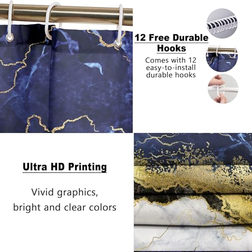 Poedist 4 Pcs Gold Edge Marble Bathroom Shower Curtain Set, Bathroom Sets with Shower Curtain and Rugs(Bath Mat,U Shape and Toilet Lid Cover Mat) and 12 Hooks-Blue - color: Blue Yellow Black