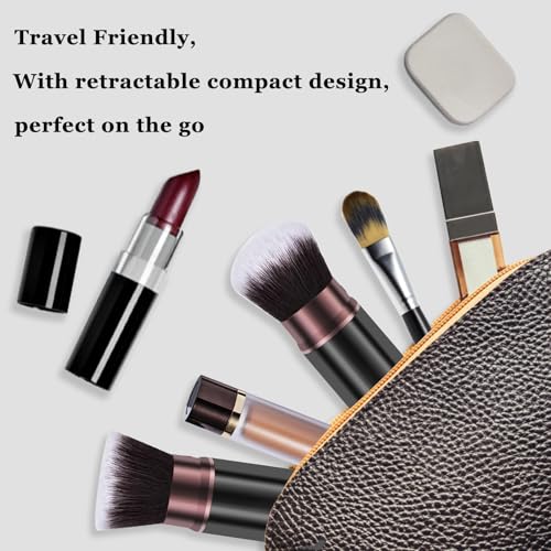 Retractable Makeup Brushes, 2 Pack Travel Kabuki Blush Makeup Brush | Face Powder Foundation Brushes for Blending Liquid, Blush, Bronzer, Buffing, Flawless Cosmetics, with Aluminum Handle, Cover - color: Brown&Black