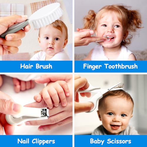 Baby Healthcare and Grooming Kit, 28 in 1 Portable Baby Essentials Kit Electric Nail Trimmer Set with Gas Relief Hair Brush Comb Nasal Aspirator for Newborn Boys Girls (Grey White) - style: 28 Kits-Grey White