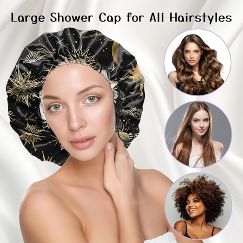 Luxury Shower Cap Silk Satin Lined Waterproof Reusable Adjustable Elastic Dry Hair Bathing Caps Cute for Women Girls-Sun Moon - color: C-10-Sun Moon