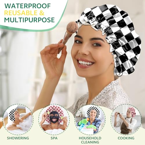 2 PCS Shower Cap Waterproof Double Layer Elastic Adjustable Reusable Hair Bath Caps for Girls Women Cute Aesthetic-Pink Black - color: G2-Pink Black
