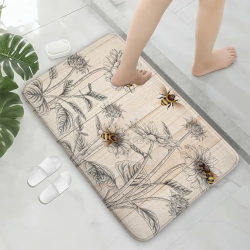 Country Bee Farmhouse Honeybee Flowers Floral Sunflower Bath Rug, Non-Slip Microfiber Soft Plush Modern Bathroom Mat Carpets Floor Mat for Bedroom Kitchen Bathroom Toilet 17x29 Inch - color: Yellow