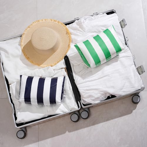 RSRSLEII Large Waterproof Travel Stripe Makeup Bag,Aesthetic PVC Toiletry Bag,Coquette Cosmetic Bag Organizer,Cute Preppy Carry-on Travel Accessories Essentials for Women Girls(Dark Blue) - color: Dark Blue