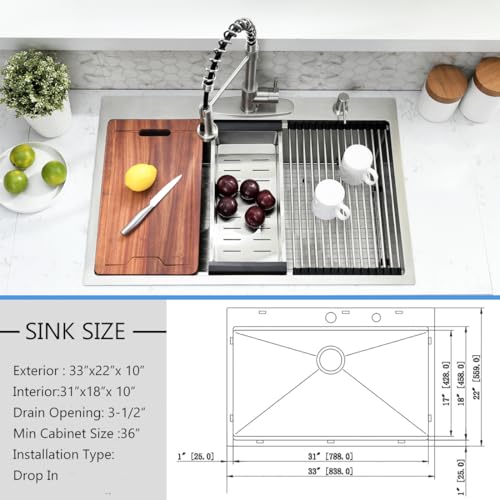 33 Inch Drop In Kitchen Sink Workstation - VOKIM 33 x 22 Inch Drop In Sinks 16 Gage Stainless Steel Topmount Sinks Single Bowl 10'' Deep Handmade Above the Counter sink with Cutting Board& Strainer - color: Stainless Steel, size: 33"L x 22"W x 10"D