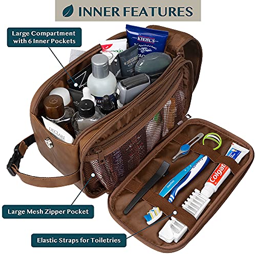 PAVILIA Toiletry Bag for Men, Travel Essentials Shaving Dopp Kit, Mens Travel Bag Toiletries Organizer Case for Grooming, PU Leather Water Resistant Cosmetic Bag Pouch (Brown) - color: Brown, size: Large (10.5x5.5x6)