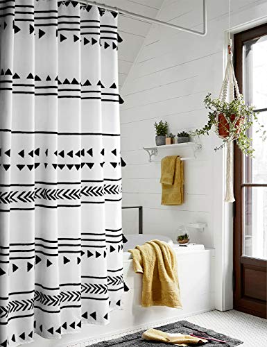 Uphome 72x72 Boho Shower Curtain Black and White Fabric Bathroom Curtains Set with Hooks, Chic Triangle and Geometric Tassel Bath Curtain, Heavy Duty and Waterproof for Modern Hotel Decor - color: White, size: 72"W x 72"L (Pack of 1)
