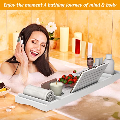 Zhuoyue Bamboo Bathtub Tray, Expandable Premium Bath Tray for Luxury Bathroom, Adjustable Bath Accessories for Tub with Soap Towel Book Holder, Extendable 29.5-43.3" White - color: White