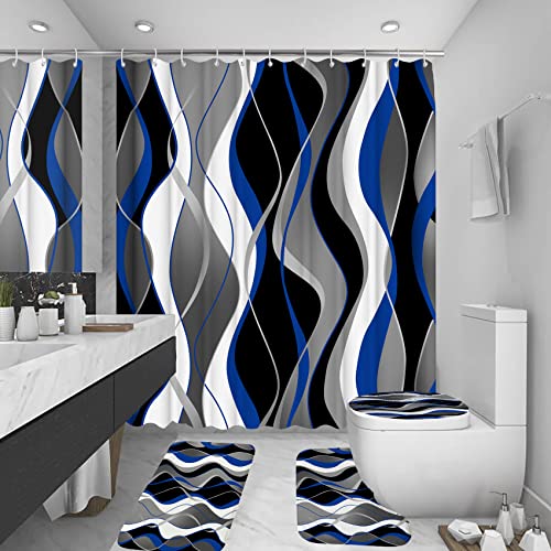 4Pcs Blue Shower Curtain Sets with Non-Slip Rugs, Toilet Lid Cover and Bath Mat, Black and Gray Bathroom Decor Set Accessories Fabric Waterproof Shower Curtains with 12 Hooks, 72 x 72 Inch - color: Blue