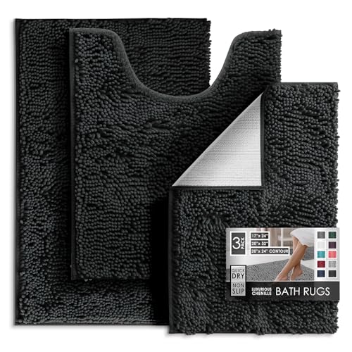 Hearth & Harbor Bathroom Rugs, Chenille Bath Mat - Machine Washable Bath Mats for Bathroom Non-Slip Backing Rubber, Quick Dry Mat - Black Bath Rug, 17x24-20x32-20x24 - color: Black, style: 17x24 / 20x32 / 20x24