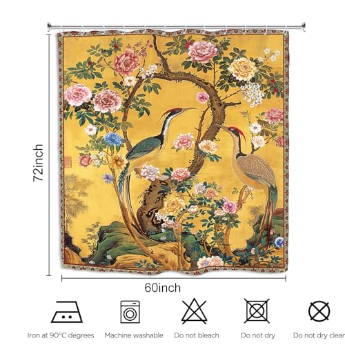 Vintage Flower Shower Curtain 60Wx72L Inch Crane Peony Vintage Retro Chinese Plant Botanical Yellow Bathroom Set Accessories Decor with 12 Pack Hooks - color: Yellow Vintage, size: 60"W x 72"L (Pack of 1)