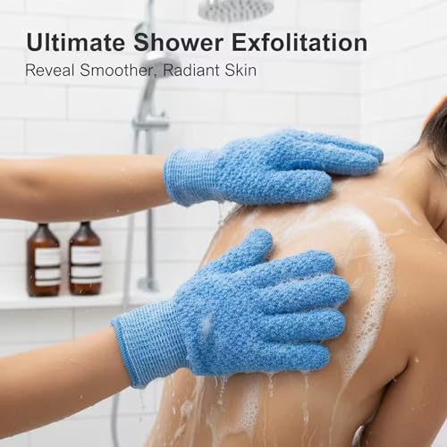 Exfoliating Bath Gloves 2 Pairs - Heavy Texture Body Scrub Gloves for Shower, Spa, Massage and Body Scrubs, Dead Skin Remover, Washing Gloves with Hanging Loop(Blue) - color: Blue