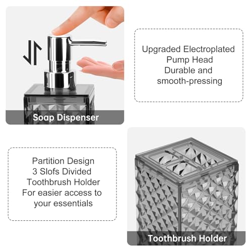 Bathroom Accessories Set 2 PCS, Grey Bathroom Accessories Include Soap Dispenser and Toothbrush Holder, Diamond Pattern Bathroom Set for Boho Bathroom Decor - color: Grey