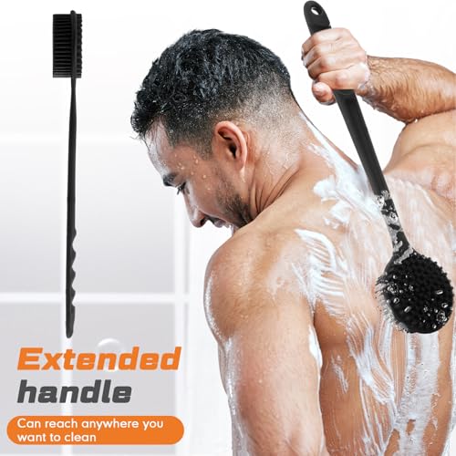 Sunnyray 2 Pack Silicone Back Scrubber for Shower with 15" Long Handle Double-Sided Bath Body Brush for Exfoliating Easy to Clean Quick Dry Deep Cleaning Lathers Well(Black) - color: Black