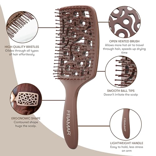FRAMAR Professional Vented Hair Brush – Curved Hair Brush For Blow Drying, Wet Paddle Brush For Hair, Vent Brush For Blow Drying, Wet Hairbrush For Women – Heat Resistant – Chocolate - color: Chocolate