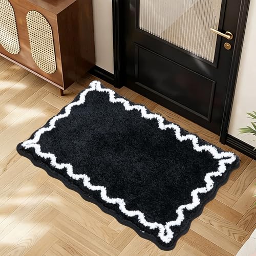 ORTIGIA Black Bath Mat with White Scallop Non Slip, Quick Dry Bath Rug Absorbent Soft Plush Microfiber Bathmat for Bathroom Floor Carpet for Sink Bedroom, 17x24 - color: Black, size: 1'5" X 2'(rectangular)