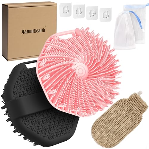 ManmiHealth 5 PCS Silicone Body Scrubber Shower Brush, Upgrade Super-Exfoliating Shower Scrubber with Non-Slip Hand Strap, Silicone Body Buffer Shower Mitt with Soap Bag Set(Black+Pink)