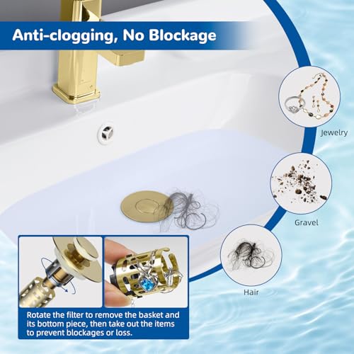 Hibbent Upgraded 3 in 1 Bathroom Sink Drain Strainer, Universal Pop Up Stopper with Removable Stainless Steel Filter Basket Hair Catcher, Sink Plug for 1.1''~2.36'' Basin, Brass Core, Brushed Gold - color: Brushed Gold