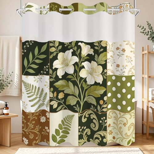 Boho Floral No Hook Shower Curtain with Snap in Liner Set 71x74 in | Vintage Green Patchwork Flower Retro Decorative Shower Curtain for College Dorm Hotel Apartment Bathroom Bathtub - color: Lily Patchwork