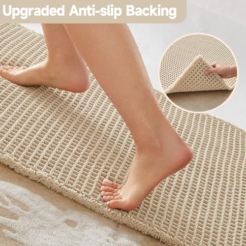 TYUU Pale Beige Long Bathroom Rug, Waffle Runner Rug Bathroom Non Slip Washable Super Absorbent Quick Dry Boho Farmhouse Bath Mat, 72''x24'' Pale Beige - color: Pale Beige, size: 2' X 6' (Runner)